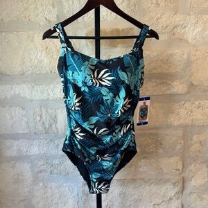 Stylish Teal and White Leaf Print One Piece Swimsuit